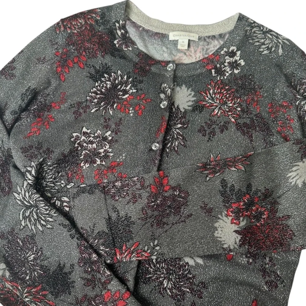 Charter Club Cardigan Women XL Grey Floral Metallic Shimmer Button Front Sweater